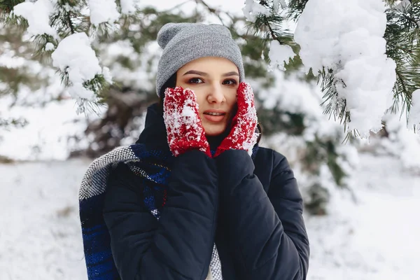 The girl warmes her cheeks in gloves at the cold winter in the p — Stock Photo, Image