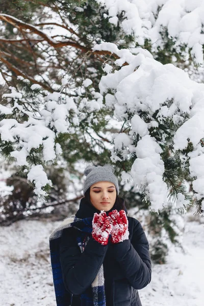 A menina aquece suas bochechas em luvas no inverno frio no p — Fotografia de Stock