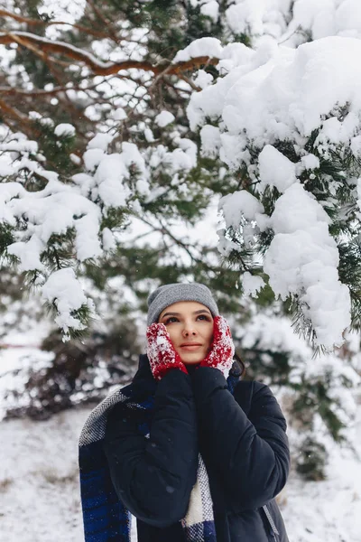 A menina aquece suas bochechas em luvas no inverno frio no p — Fotografia de Stock