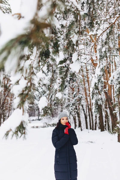 女孩走在白雪覆盖的森林中的松树在红色 g — 图库照片