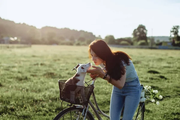 La chica camina con un cachorro en un campo en una bicicleta en la parte posterior — Foto de Stock