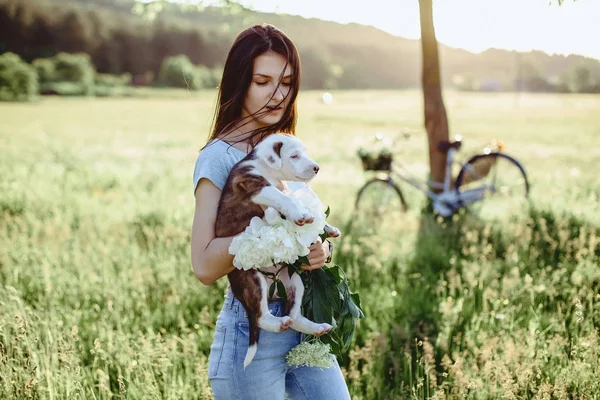 La chica camina con un cachorro en un campo en una bicicleta en la parte posterior — Foto de Stock