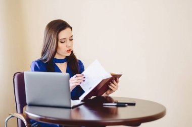 İş kadını notlar ve dizüstü bilgisayar ile çalışır