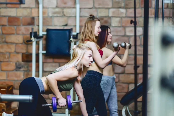 Meninas com halteres no treino de ginástica — Fotografia de Stock