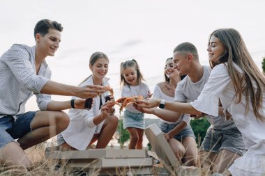 Piknik arkadaşları, pizza ve içecekler, içecekler, şerefle yemek, güneşli bir gün, gün batımı, şirket, eğlence, çiftler ve bebekli anne.