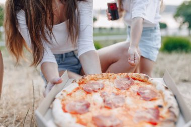 Yaz partisinde çimenlikte kutular içinde pizza.