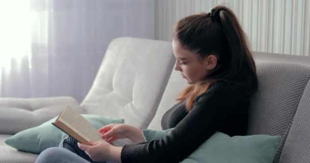 Bella ragazza che legge un libro sul divano. stare a casa e rilassarsi. sviluppo di sé. libro di carta . — Video Stock