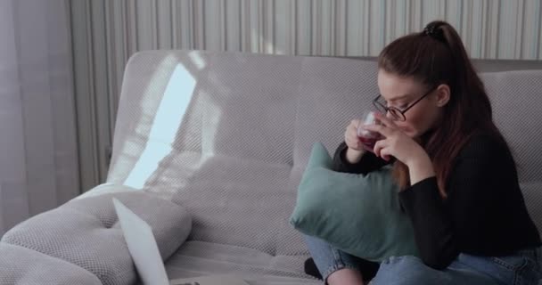 Flicka som arbetar på laptop hemma på soffan. Stanna hemma och arbeta på distans. isolering i hemmet. — Stockvideo