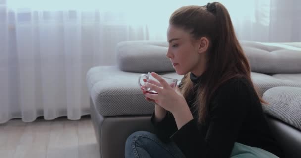 Flicka som arbetar på laptop hemma på soffan och dricka te. Stanna hemma och arbeta på distans. isolering i hemmet. — Stockvideo