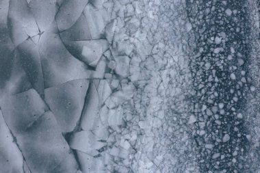 Buzda gölet, buz, çatlamış buz, kış gölü ya da gölet, havadan çekimler.