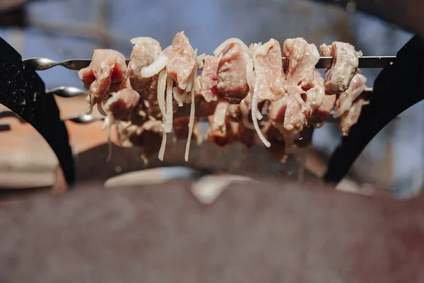 Grill Grillu Naturze Gotowanie Ogniu Smażone Mięso Smaczne Jedzenie — Zdjęcie stockowe