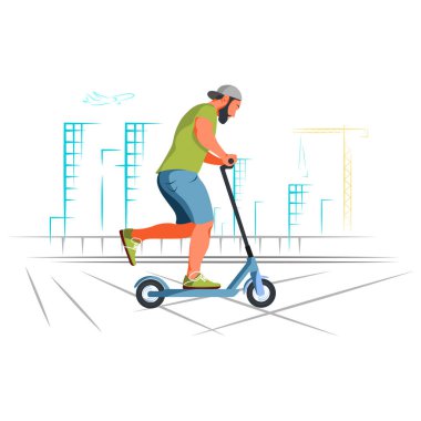  Beyaz arka planda düz bir illüstrasyon. Şehirde scooter süren bir adam..