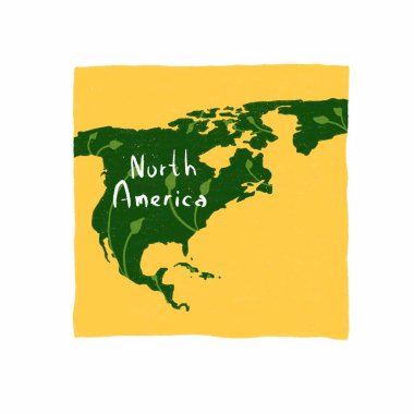 Dekoratif Usa haritası düz el çizimi. Sarı arka planda karikatür işaretleri olan Kuzey Amerika. Amerika bilgi afişi, afiş tasarımı