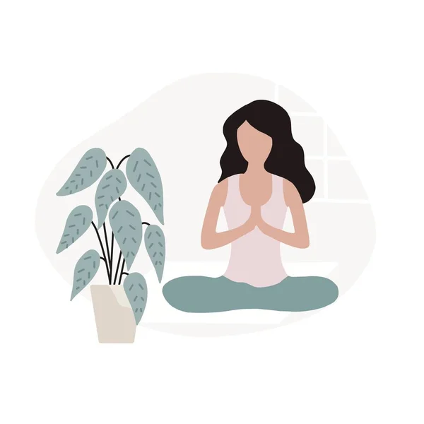 Lotus Pozisyonunda Oturan Kadın Meditasyon Yapıyor Namaste Yoga Kızı Düz Telifsiz Stok Imajlar