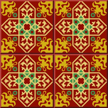 Vintage seamless wall tiles of red cross flower. Moroccan, Portuguese.