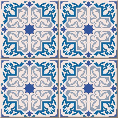 Vintage seamless wall tiles of blue star geometry. Moroccan, Portuguese.
