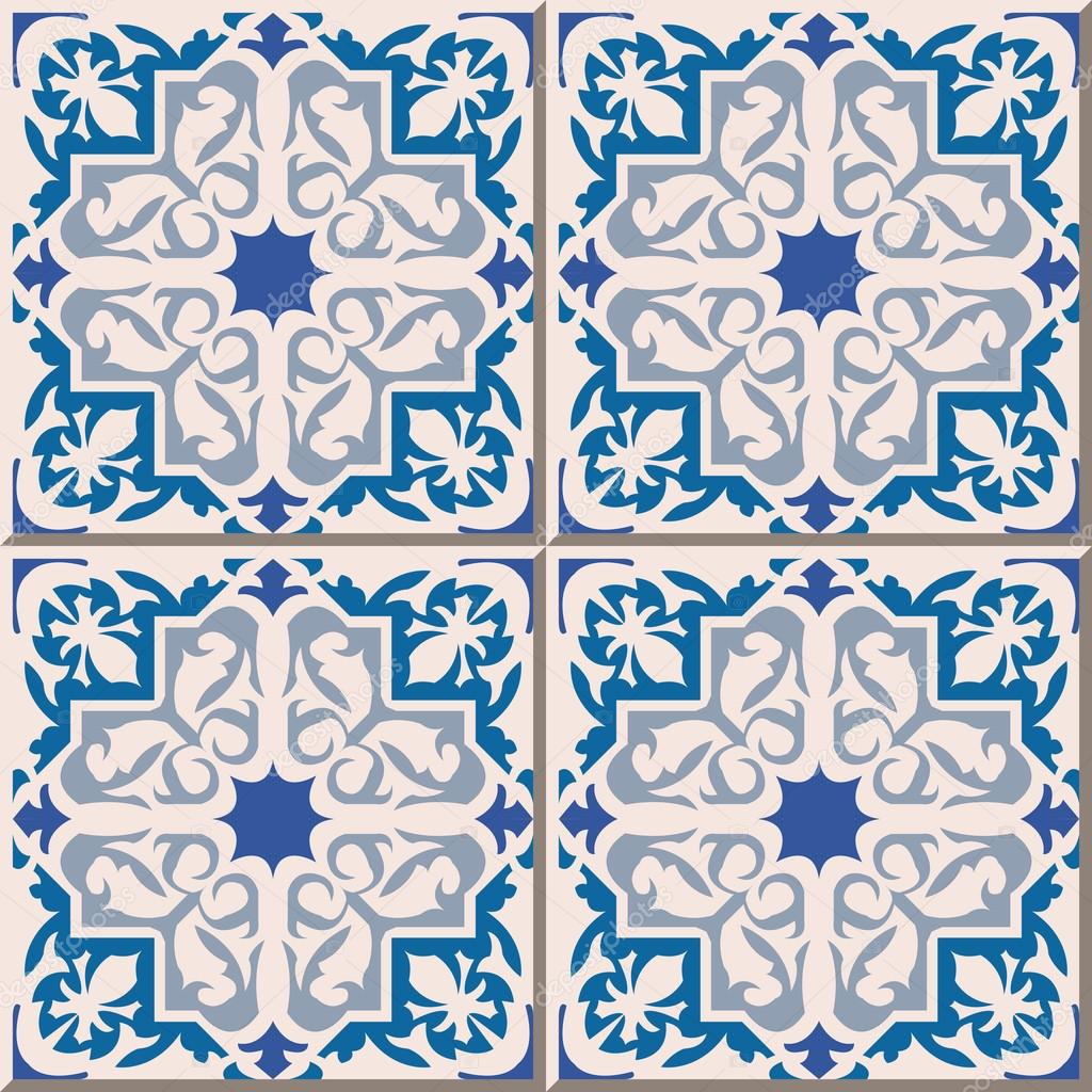 Vintage seamless wall tiles of blue star geometry. Moroccan, Portuguese.