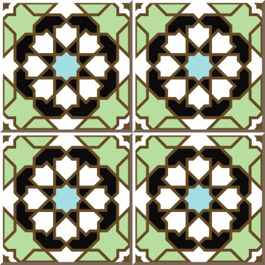 Vintage seamless wall tiles of Islam star geometry, Moroccan, Portuguese.