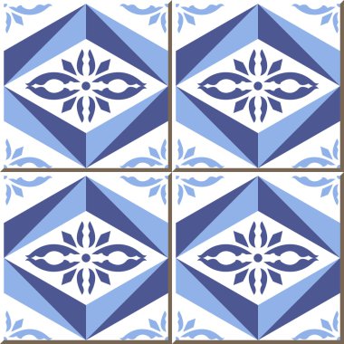 Vintage seamless wall tiles of triangle geometry blue flower, Moroccan, Portuguese.