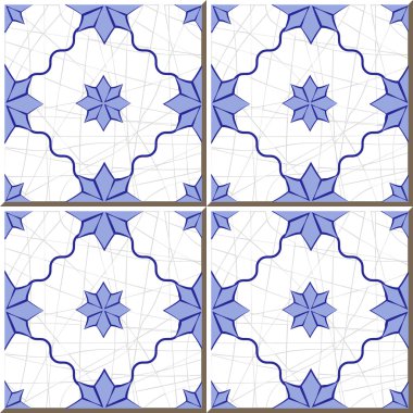 Vintage seamless wall tiles of blue star flower, Moroccan, Portuguese.