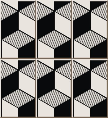Vintage seamless wall tiles of black white cubic line, Moroccan, Portuguese.
