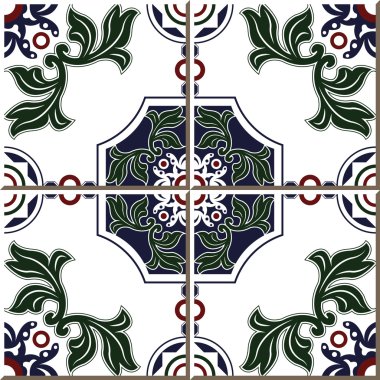 Vintage seamless wall tiles of green leaf round polygon, Moroccan, Portuguese.