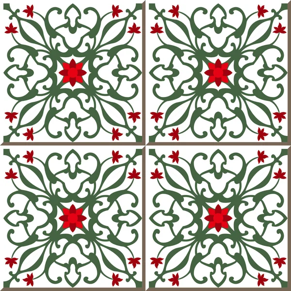 Vintage seamless wall tiles of red flower green vine, Moroccan, Portuguese. — Stock Vector