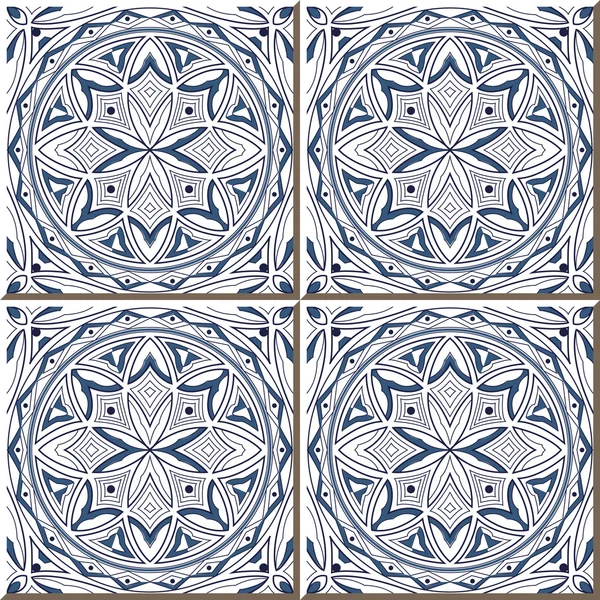 Vintage seamless wall tiles of blue round geometry outline, Moroccan, Portuguese. — Stock Vector