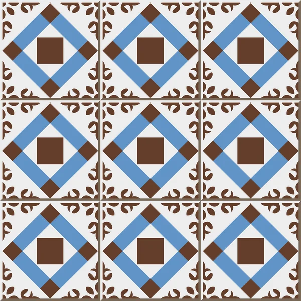 Vintage seamless wall tiles of check square cross flower, Moroccan, Portuguese. — 스톡 벡터