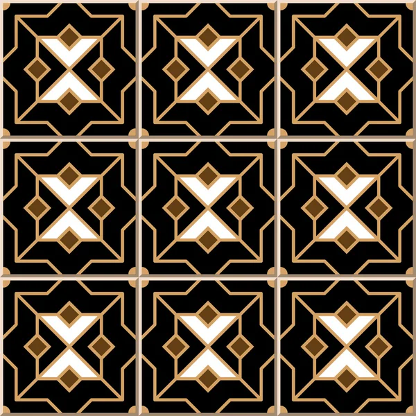 Vintage azulejos de la pared sin costura del Islam negro estrella de la cruz dorada, marroquí, portugués . — Vector de stock