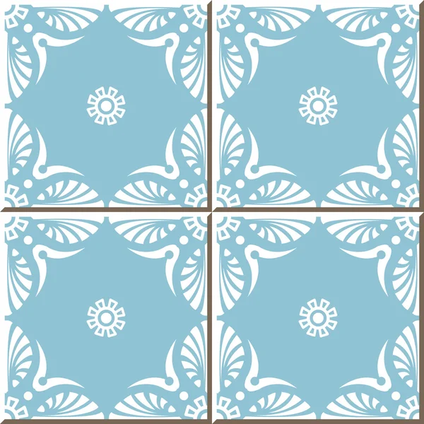 Vintage seamless wall tiles of blue fan shape white lace flower, Moroccan, Portuguese. — Stockový vektor