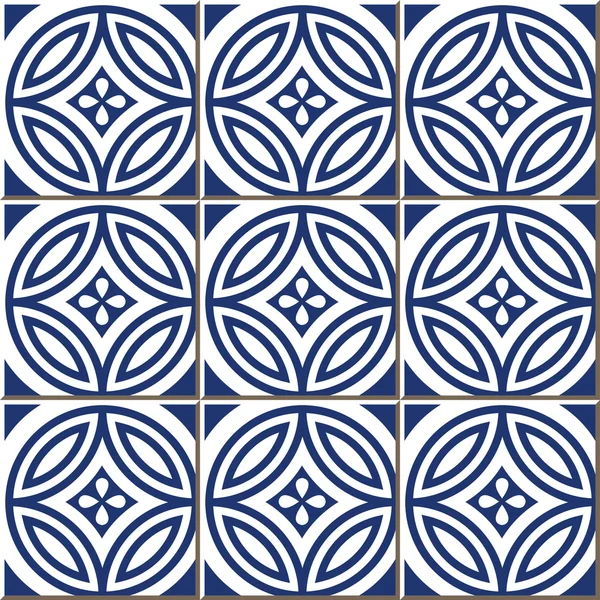 Vintage seamless wall tiles of blue round cross flower, Moroccan, Portuguese. — Stockový vektor