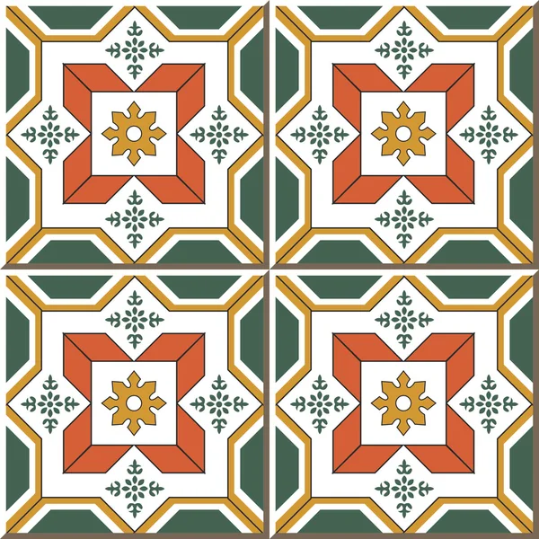 Vintage seamless wall tiles of cross square green orange flower, Moroccan, Portuguese. — Stock Vector