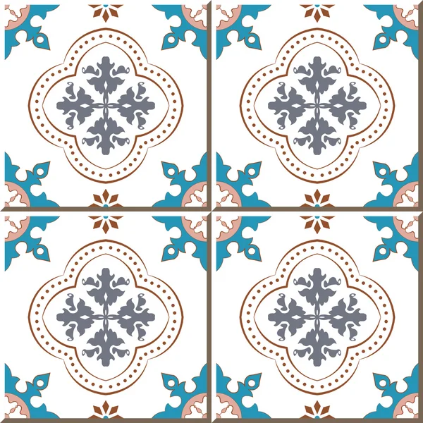 Vintage seamless wall tiles of round flower dot line, Moroccan, Portuguese. — Stockový vektor