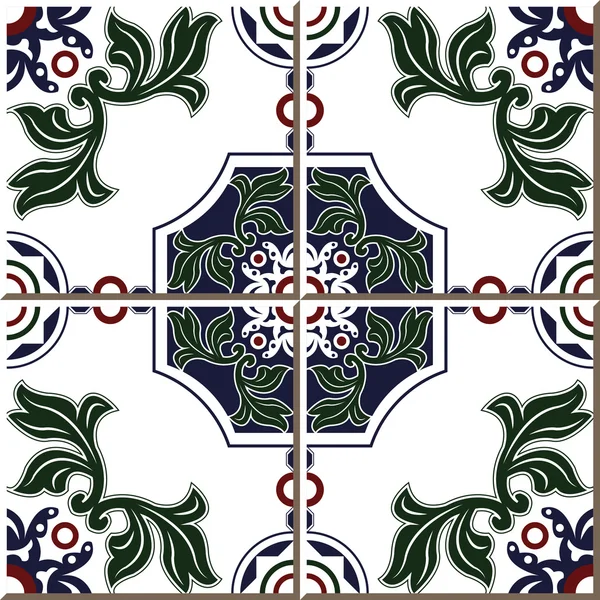 Vintage seamless wall tiles of green leaf round polygon, Moroccan, Portuguese. — ストックベクタ