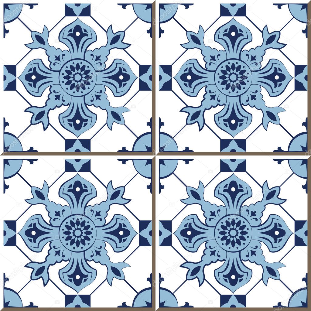 Vintage seamless wall tiles of blue check kaleidoscope, Moroccan, Portuguese.