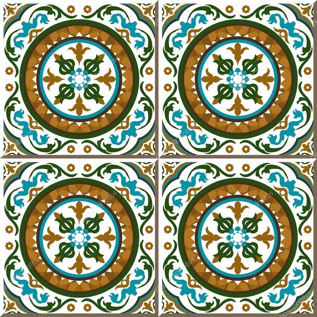 Vintage seamless wall tiles of round spiral flower vine, Moroccan, Portuguese.