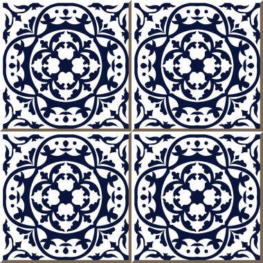 Vintage seamless wall tiles of blue round curve vine, Moroccan, Portuguese.