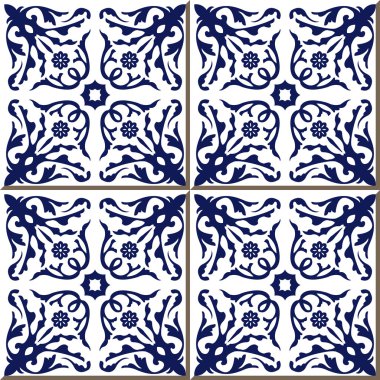 Vintage seamless wall tiles of blue spiral flower vine, Moroccan, Portuguese.