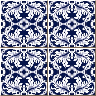 Vintage seamless wall tiles of spiral leaf flower, Moroccan, Portuguese.