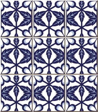 Vintage seamless wall tiles of blue flower leaf cross polygon, Moroccan, Portuguese.