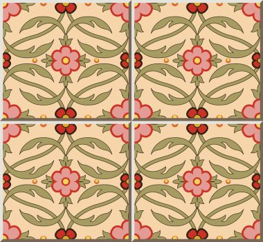 Seramik karo deseni 465 bahçe pembe çiçek eğrisi yaprak asma