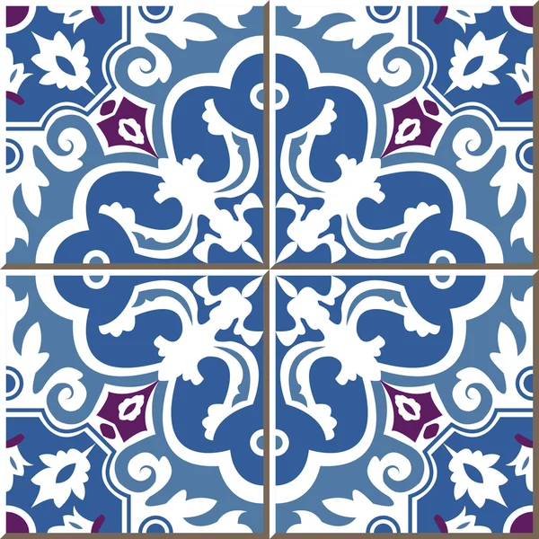Vintage seamless wall tiles of blue spiral flower, Moroccan, Portuguese. — 스톡 벡터