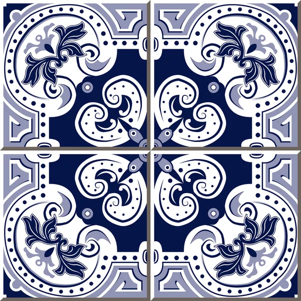 Vintage seamless wall tiles of blue spiral round dot, Moroccan, Portuguese. — Stockový vektor