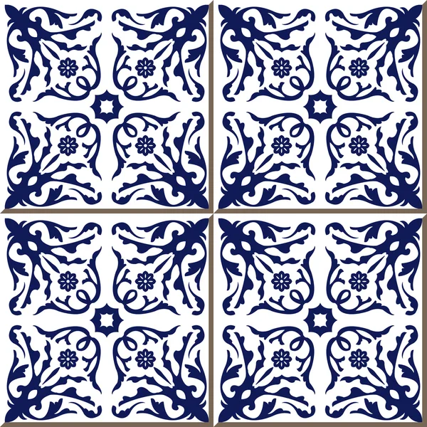 Vintage seamless wall tiles of blue spiral flower vine, Moroccan, Portuguese. — 스톡 벡터