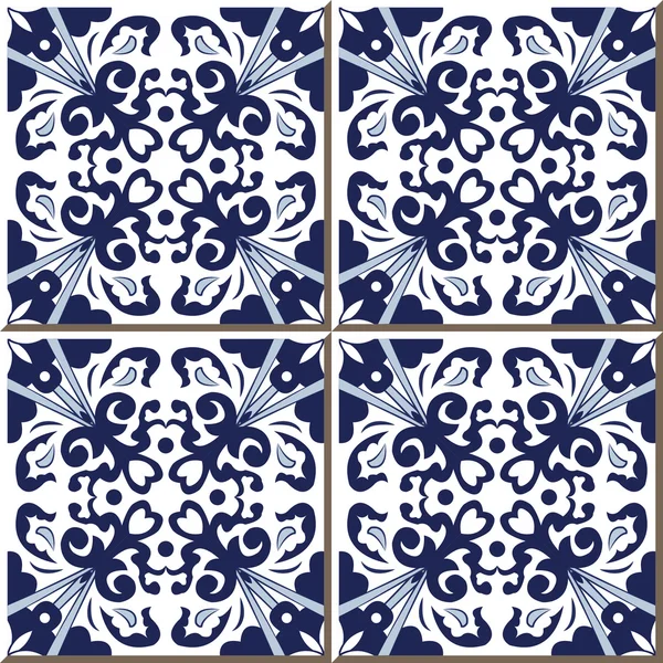 Vintage seamless wall tiles of blue spiral leaf cross flower, Moroccan, Portuguese. — 스톡 벡터