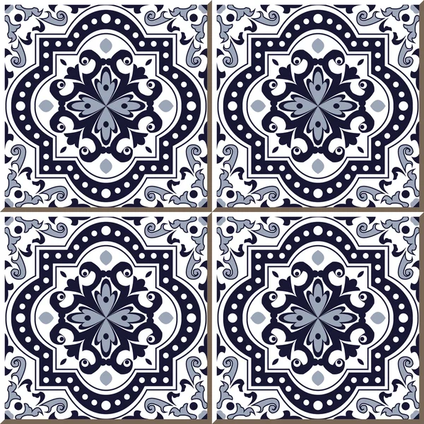 Vintage seamless wall tiles of blue round curve square dot line, Moroccan, Portuguese. — стоковий вектор