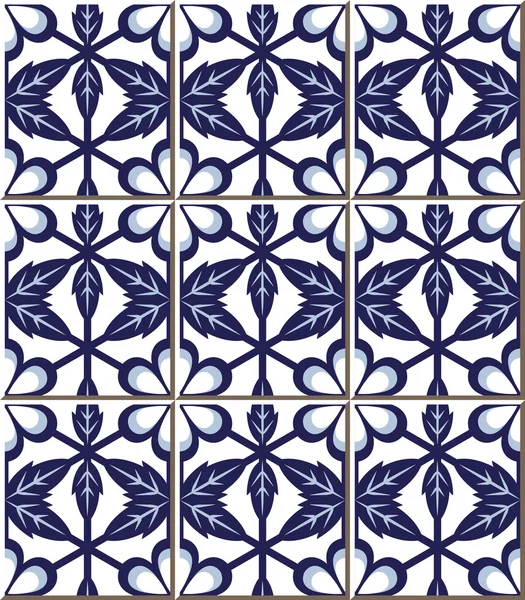 Vintage seamless wall tiles of blue flower leaf cross polygon, Moroccan, Portuguese. — Stock Vector