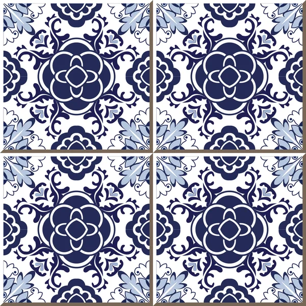 Vintage seamless wall tiles of blue round flower cross, Moroccan, Portuguese. — Stockový vektor