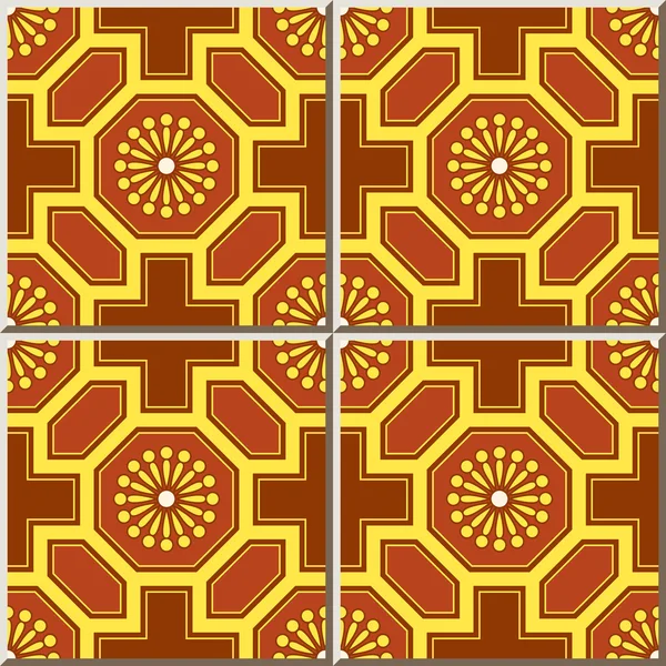 Patrón de baldosas de cerámica 410 oriental chino polígono cuadrado cruz flor — Vector de stock